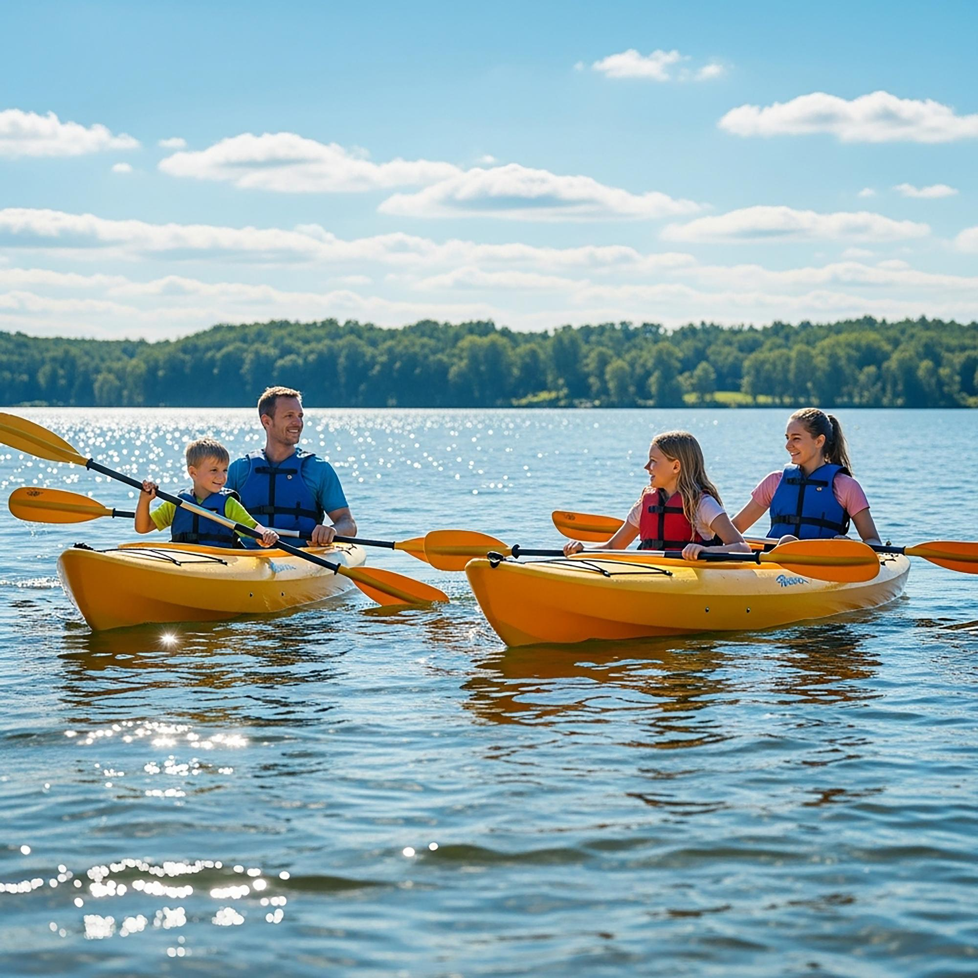 Family kayaking on summer lake